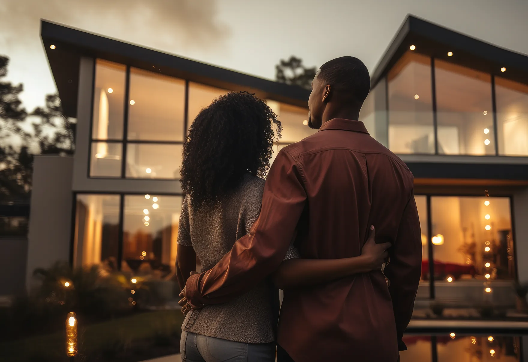 Casal de costas, abraçado, diante de uma casa iluminada ao entardecer