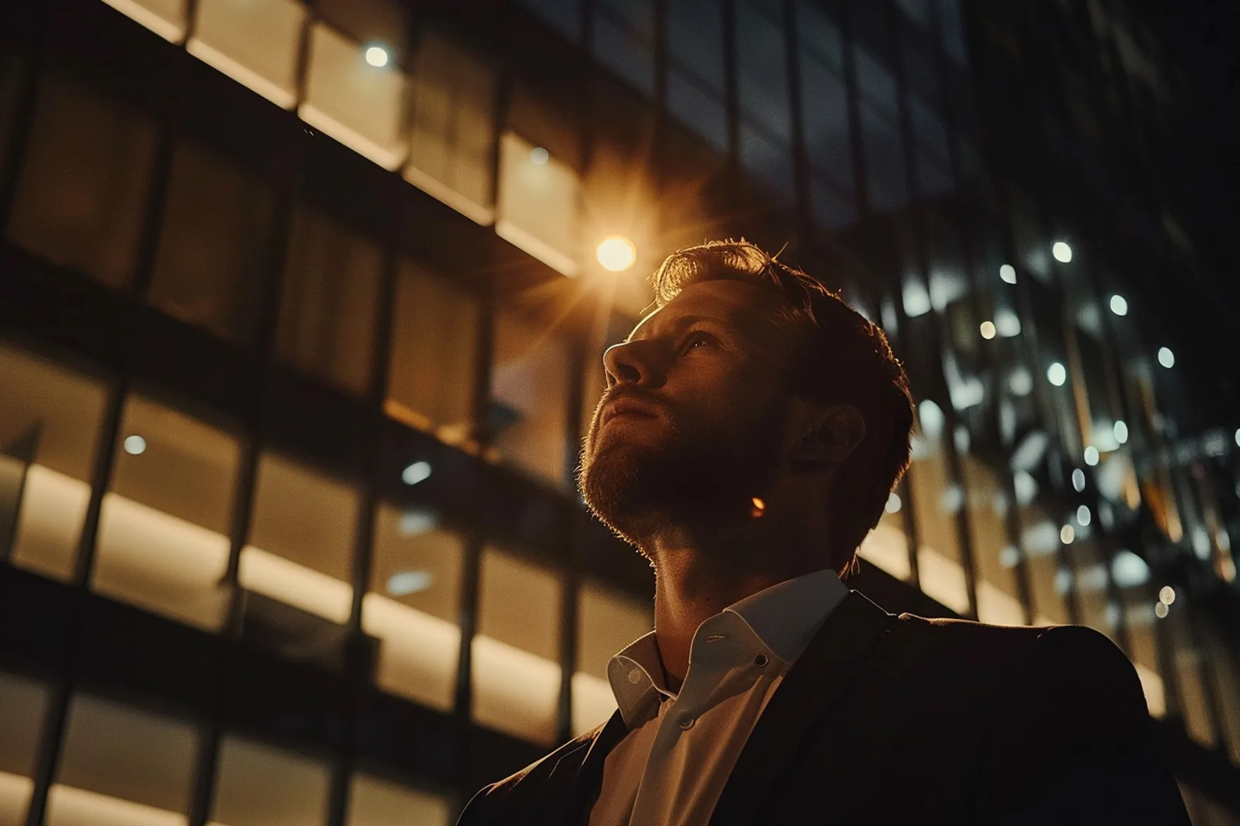 Homem de terno, de perfil, olhando para cima, diante da fachada iluminada de um edifício ao entardecer