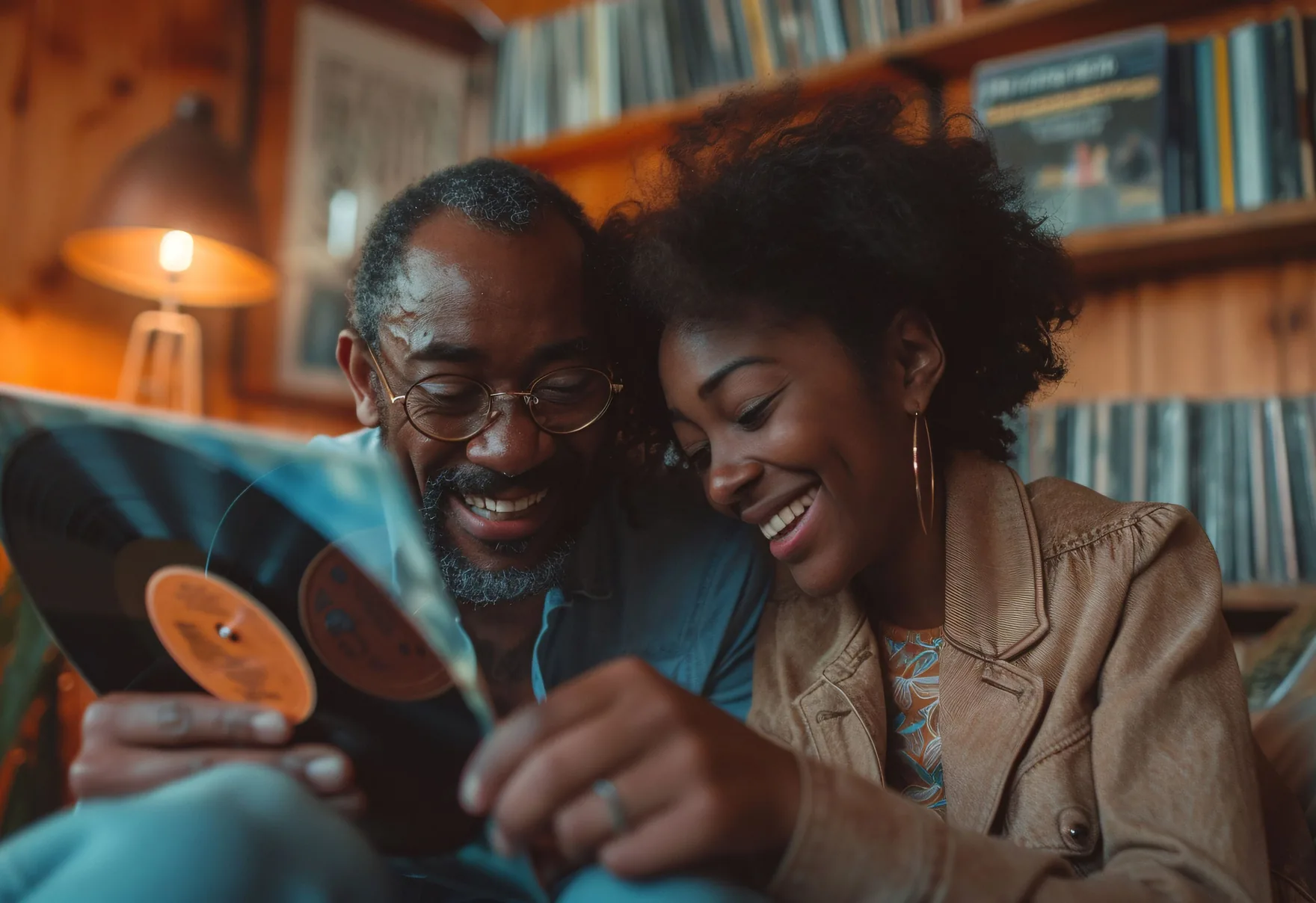 Casal maduro sorrindo enquanto olha a capa de um disco, numa sala forrada de estantes de vinis