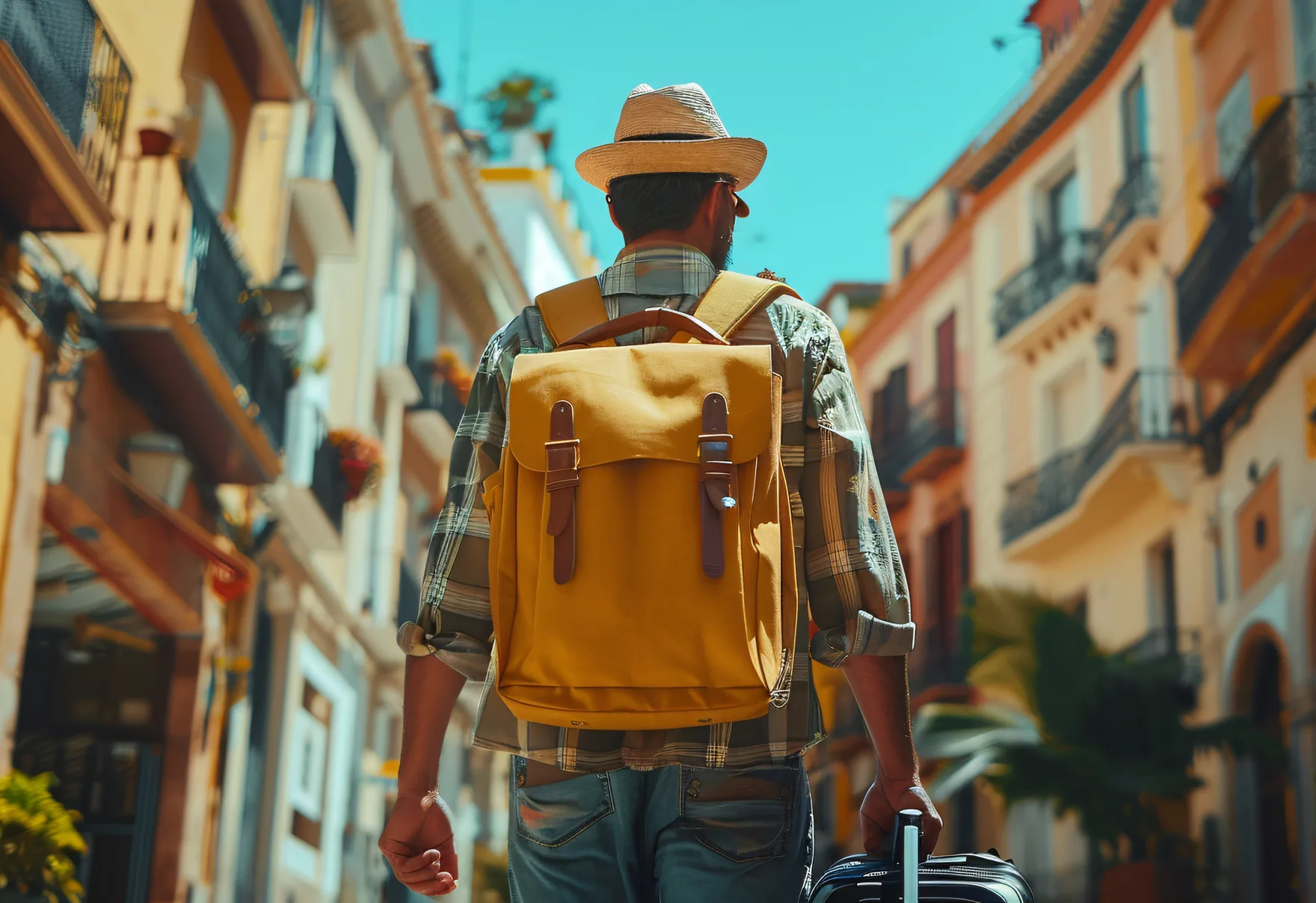 Homem de costas, de chapéu e mochila, puxando uma mala por uma rua estreita de casas coloridas